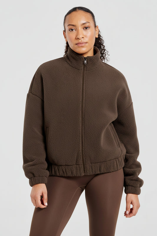 Varsity Oversized Fleece Zip Up Jacket - Cocoa Brown