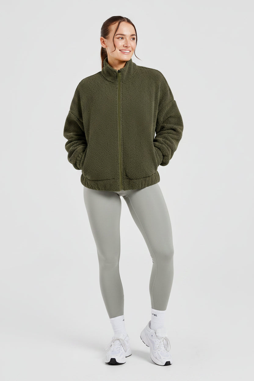 Varsity Oversized Fleece Zip-Up Jacket - Khaki Green