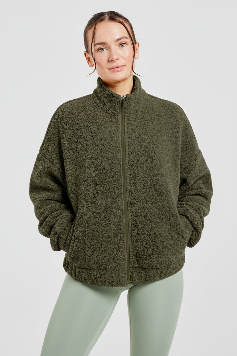 Varsity Oversized Fleece Zip-Up Jacket - Khaki Green