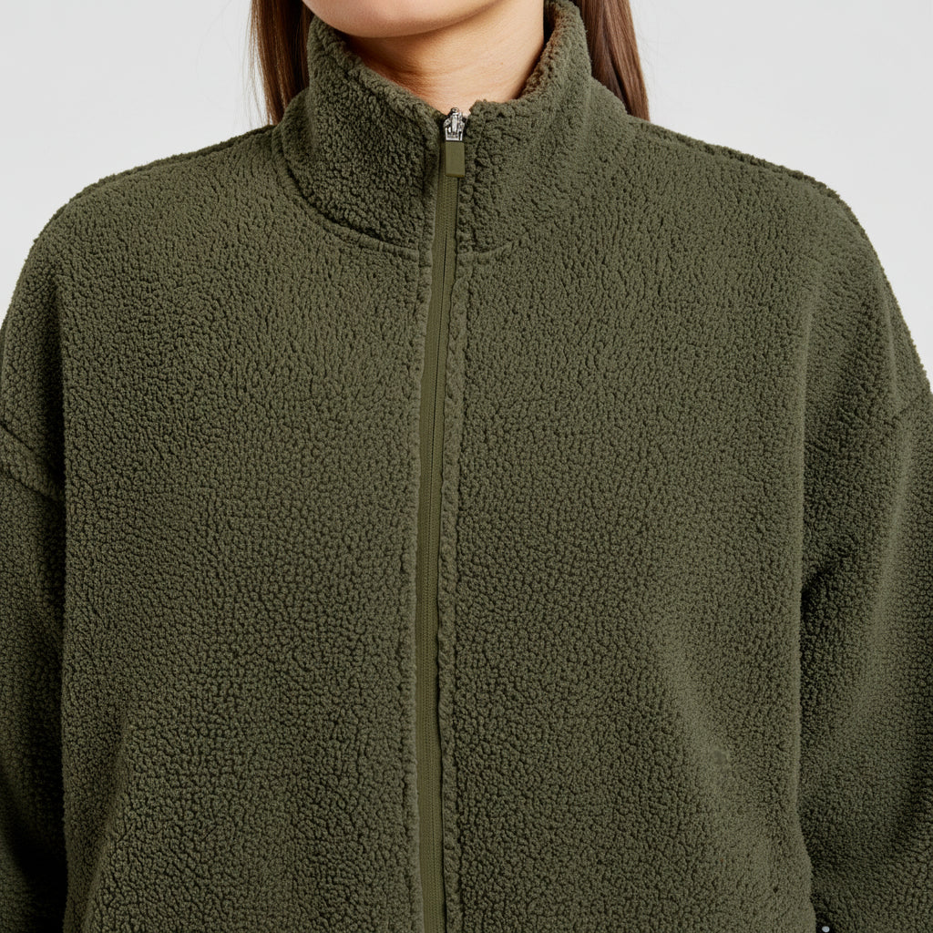 Varsity Oversized Fleece Zip-Up Jacket - Khaki Green