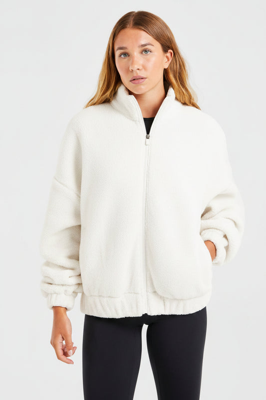 Varsity Oversized Fleece Zip Up Jacket - Cream