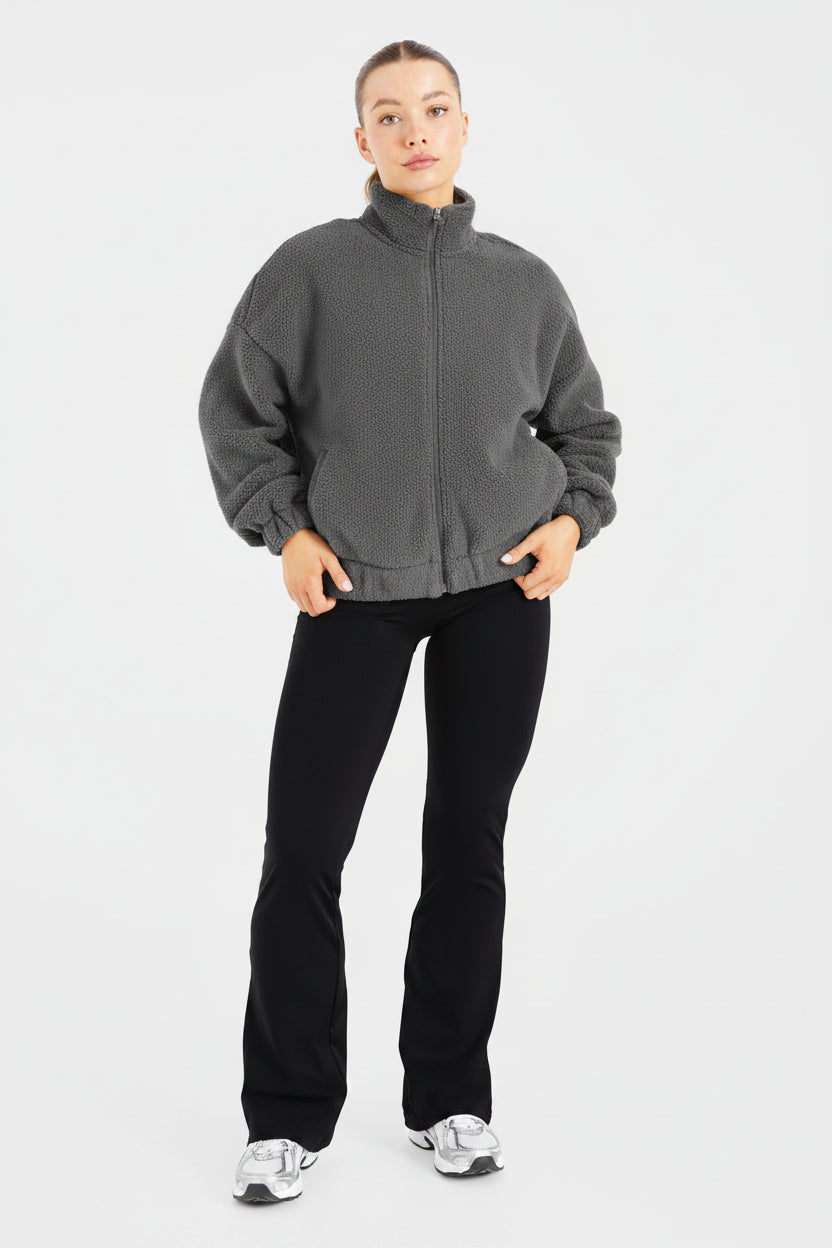 Casaco de Lã com Fecho e Tamanho Oversized Varsity - Carvão