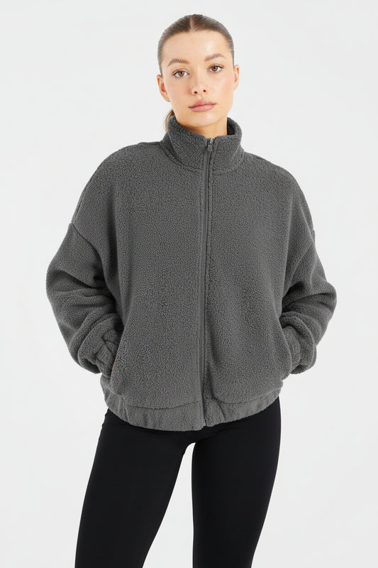 Varsity Oversized Fleece Zip Up Jacket - Charcoal