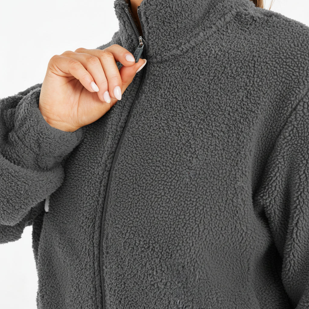 Casaco de Lã com Fecho e Tamanho Oversized Varsity - Carvão