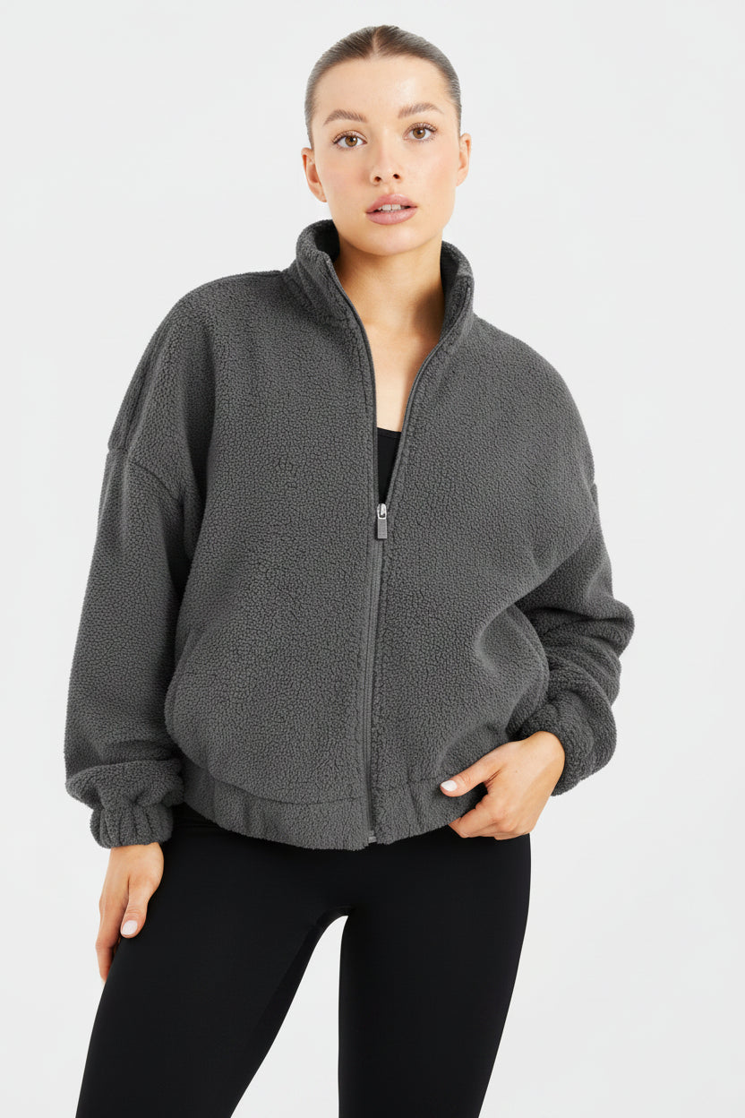 Casaco de Lã com Fecho e Tamanho Oversized Varsity - Carvão