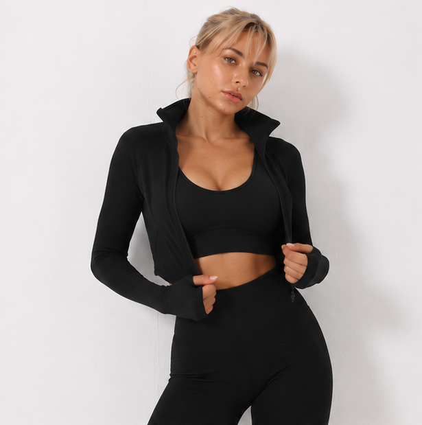 Vorti Seamless Sport Tracksuit - Jacket, Legging and Top - Black
