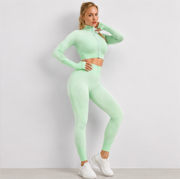 Vorti Seamless Sport Tracksuit - Jacket, Legging and Top - Green