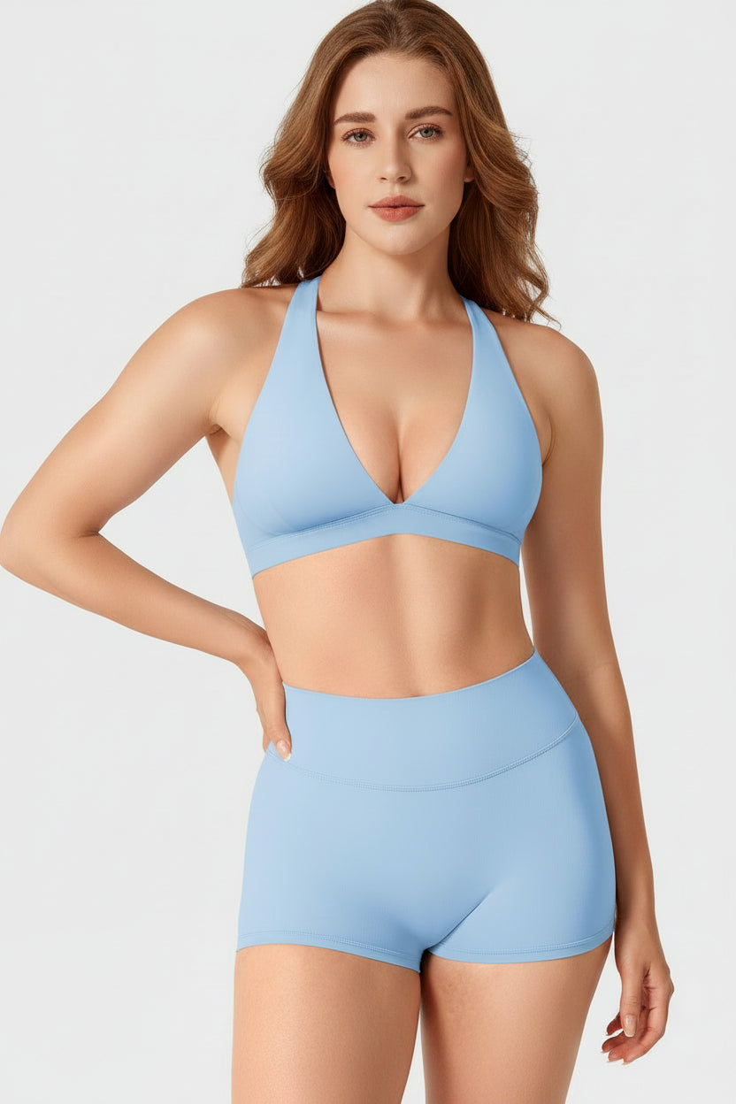 Wafiya Deep V Neck Sports Bra Airy Blue