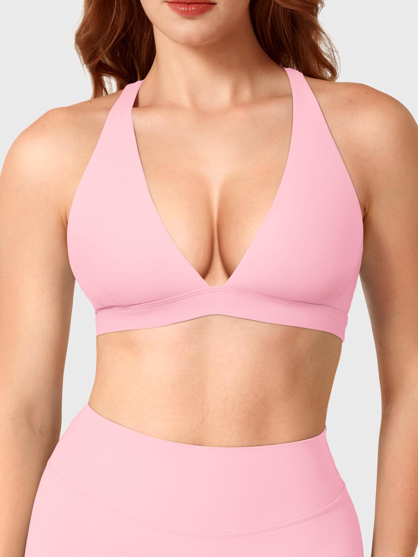 Wafiya Deep V Neck Sports Bra Baby Pink