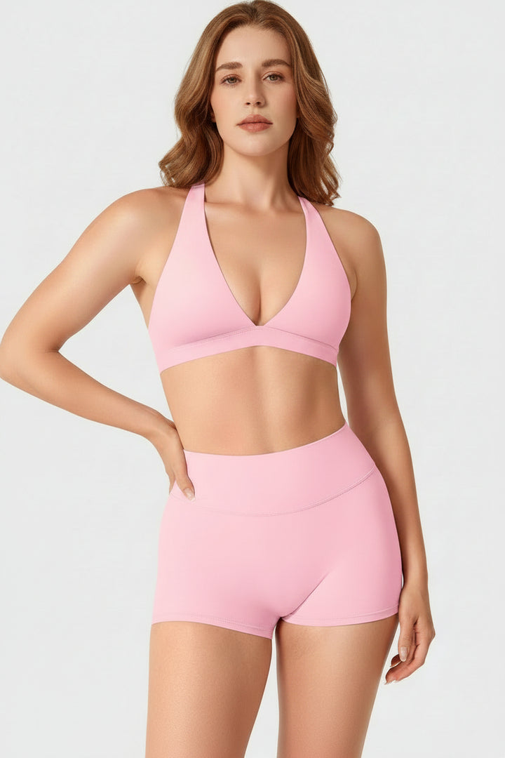 Vorti Deep V Neck Sports Bra Baby Pink