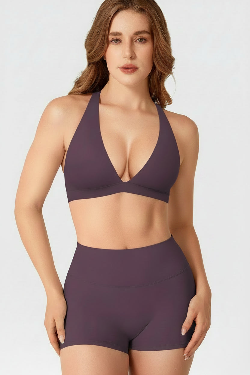 Vorti Deep V Neck Sports Bra Black Berry